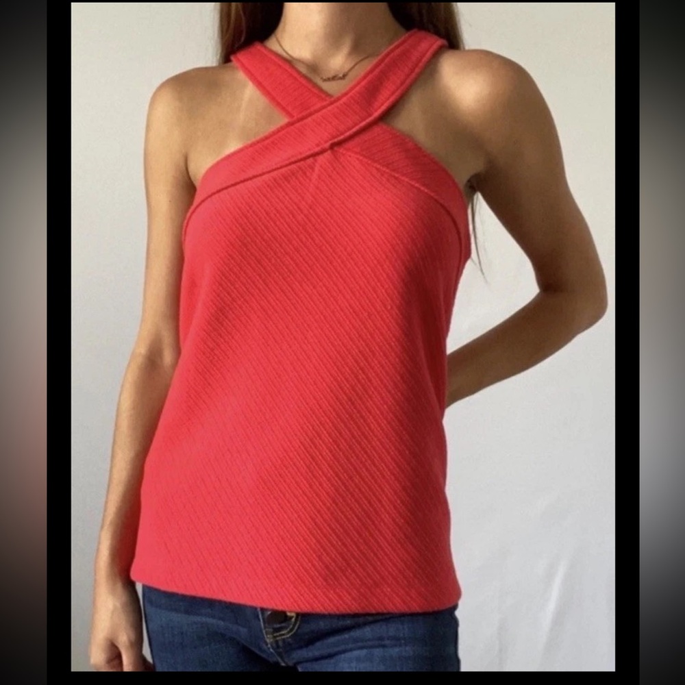 ANTHROPOLOGIE Cross Front Top Ponte Knit Halter Orange Tank Textured Boho Ribbed
